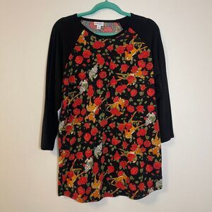 LuLaRoe Disney Randy baseball tee Bambi and Thumper Floral Red Black Size XL